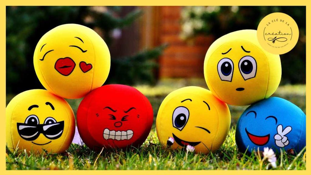 Balles représentant différentes émotions : détendu, amoureux, énervé, farceur, étonné, heureux