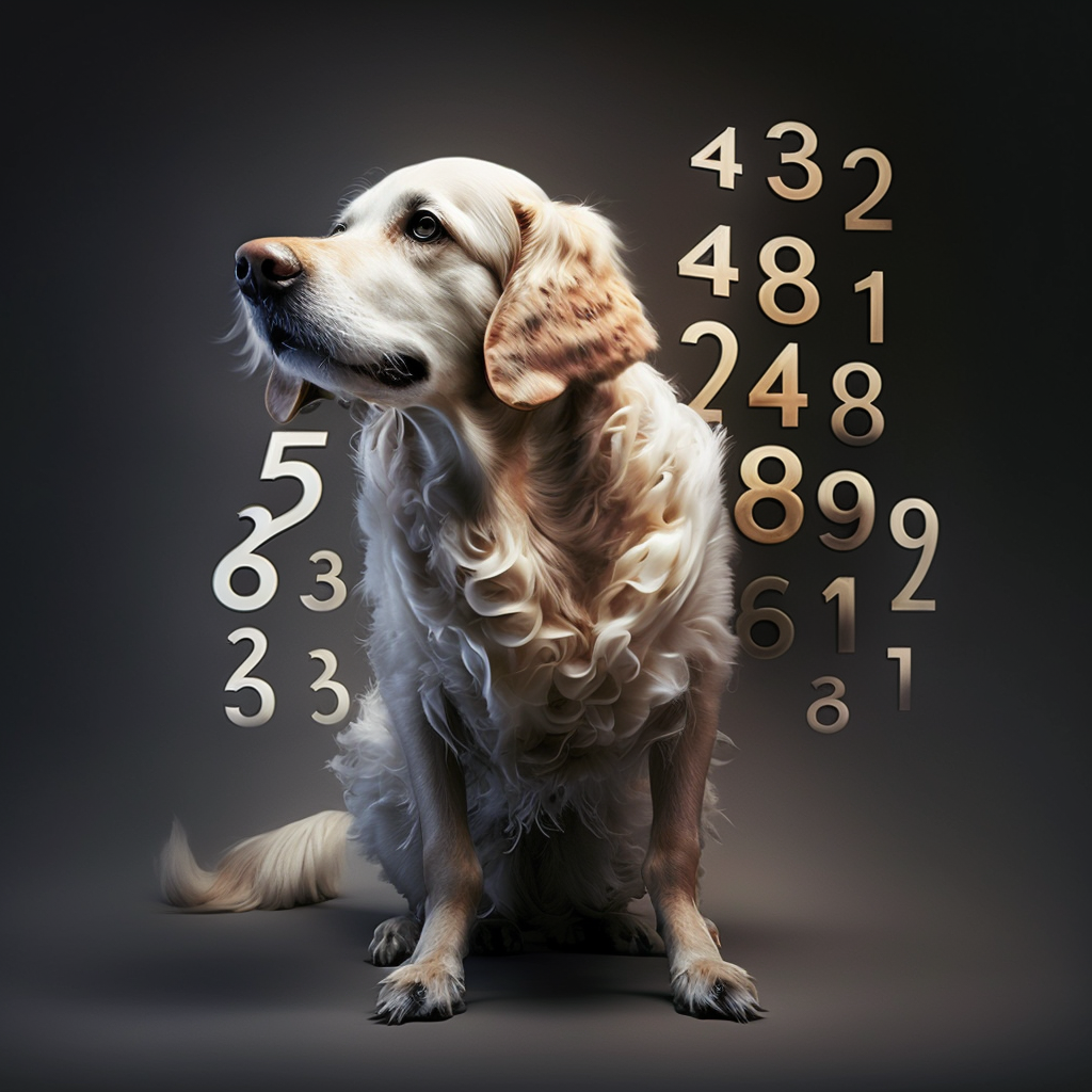 Grabovoi animaux : Un chien entouré de chiffres et séquences numériques.