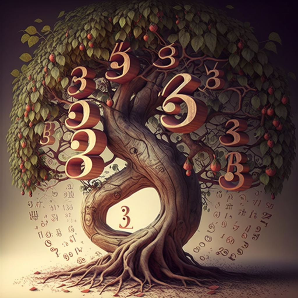 Un arbre avec des racines profondes et des branches portant des fruits avec des nombres, symbolisant la prospérité et la croissance personnelle avec les Grabovoi chiffre