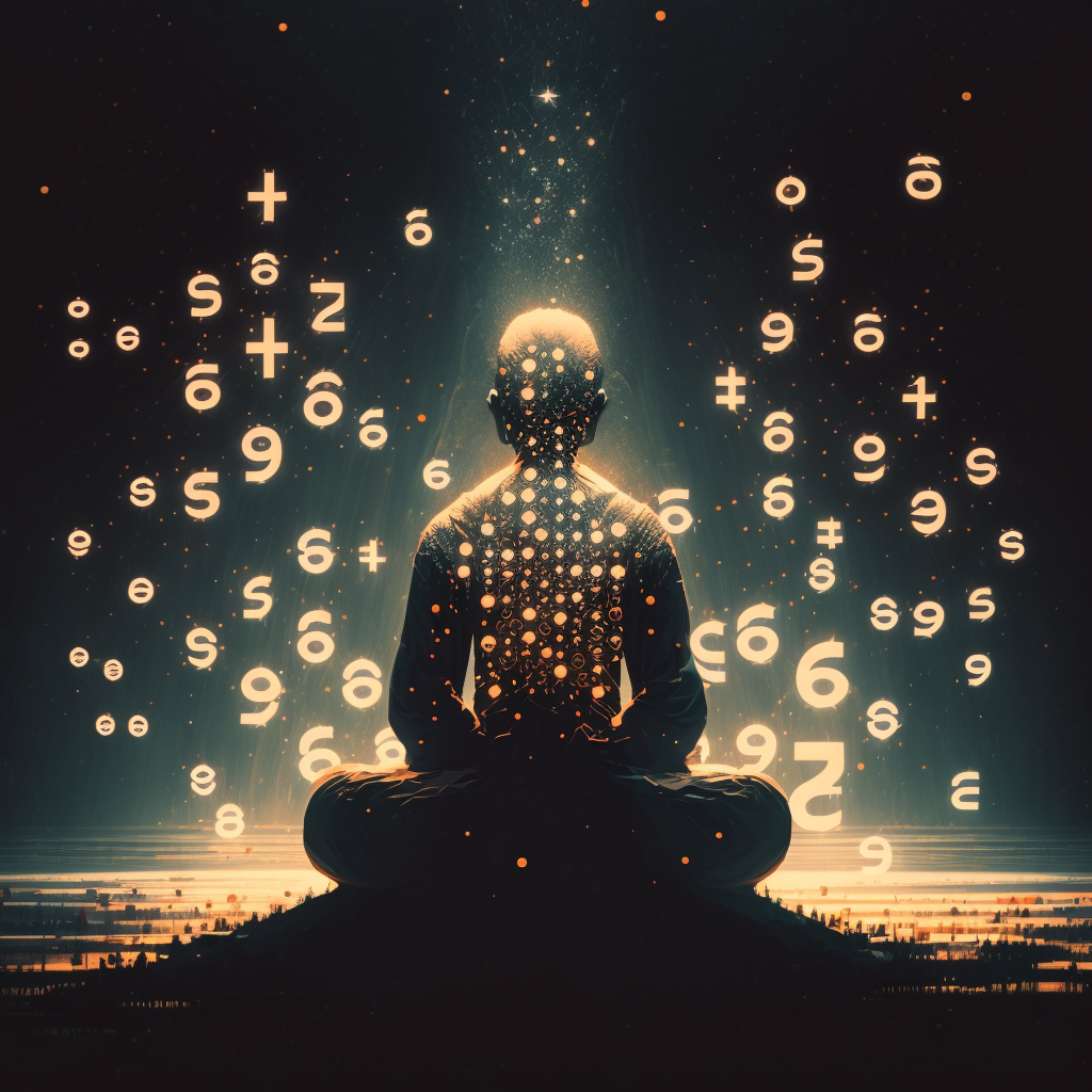 Une personne méditant paisiblement avec des nombres flottant autour, symbolisant la connexion avec les Grabovoi chiffre