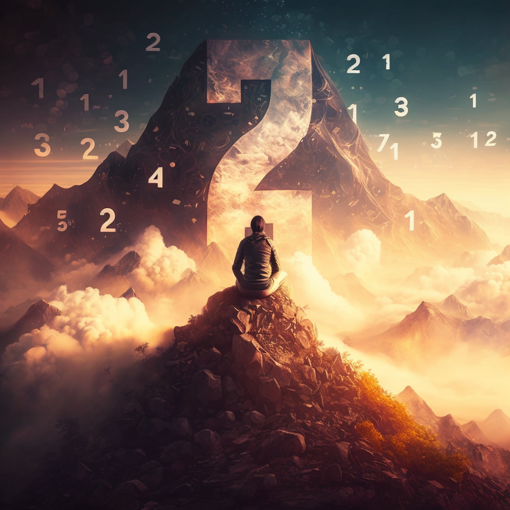 Une personne assise au sommet d'une montagne, contemplant l'horizon rempli de chiffres. Symbole de la réalisation et de la transformation personnelle avec les Grabovoi chiffre 