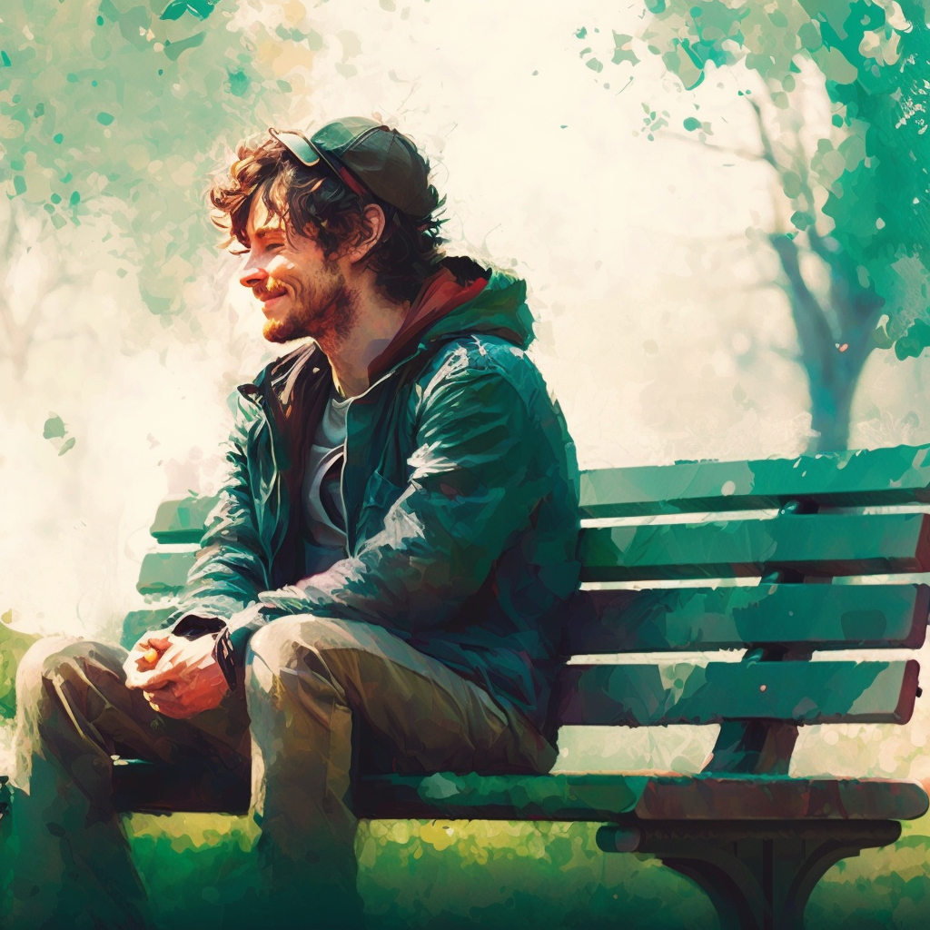 Une personne assise sur un banc, souriant et profitant du moment présent dans un parc, illustrant le lâcher-prise et le fait de profiter de la vie