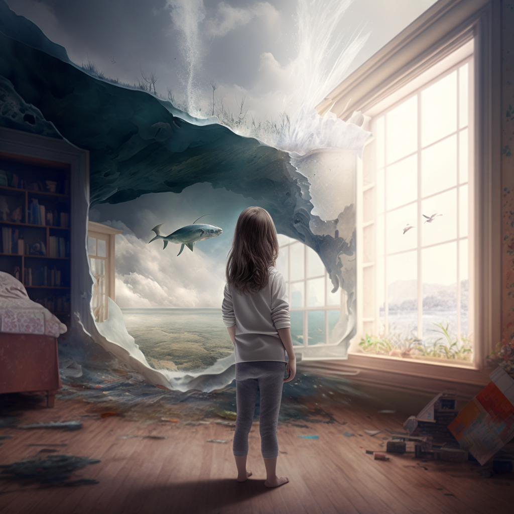 Enfant debout dans sa chambre utilisant la visualisation créatrice pour visualiser un monde imaginaire qu'elle aime.